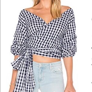 Lovers + Friends Navy Gingham Wrap Top